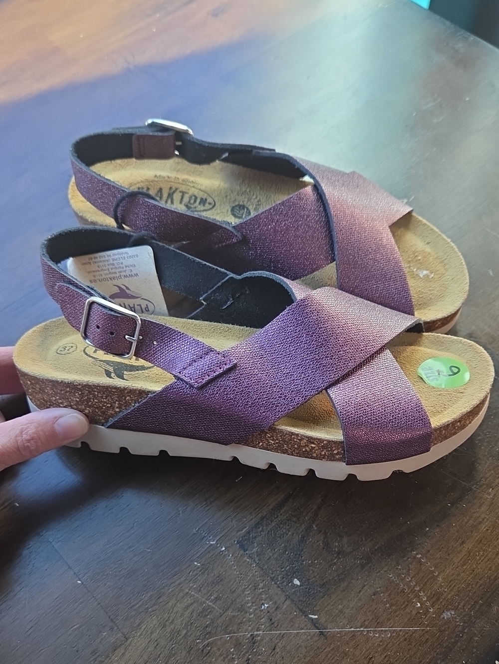 Plakton Size 6 Cross-Strap Cork Wedge Sandals in Deep Sparkly Purple NEW